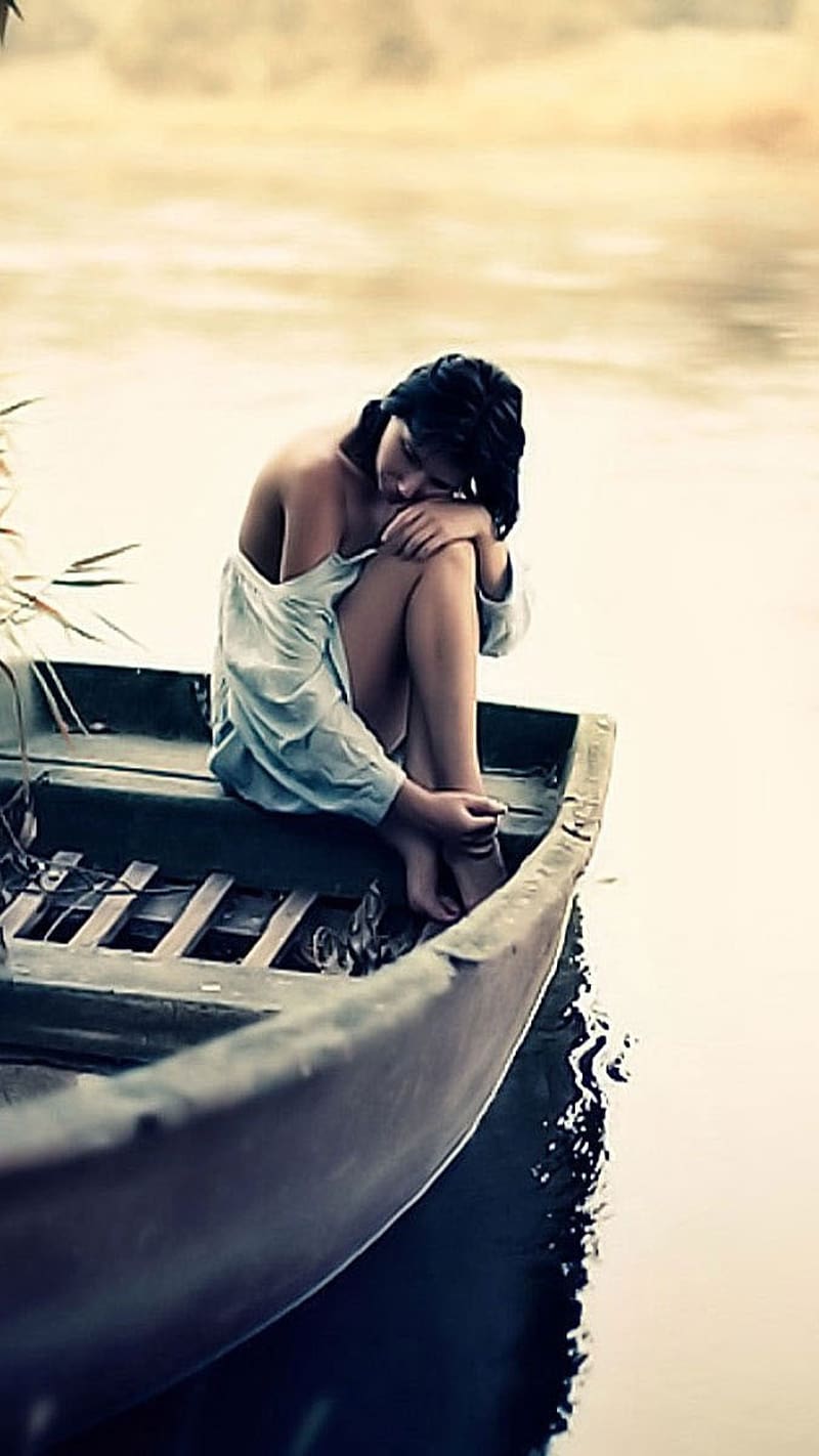 Sad Alone Sitting Girl On Boat, sad alone, boat, river, HD phone wallpaper