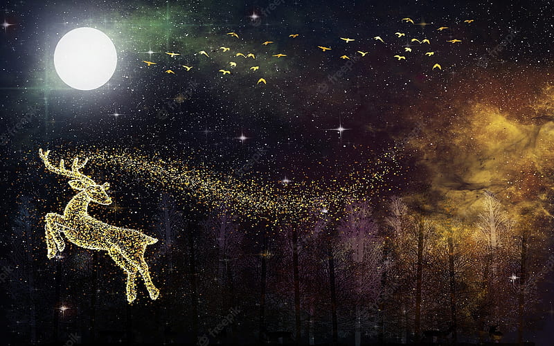 Premium . with dark galaxy background.golden deer and golden birds with moon and tree forest, HD wallpaper