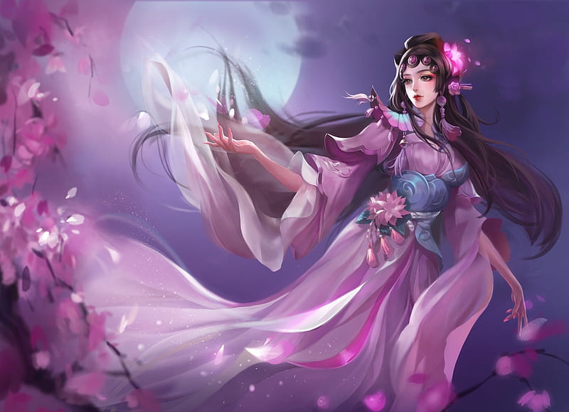 Woman with Sakura Full Moon, HD wallpaper