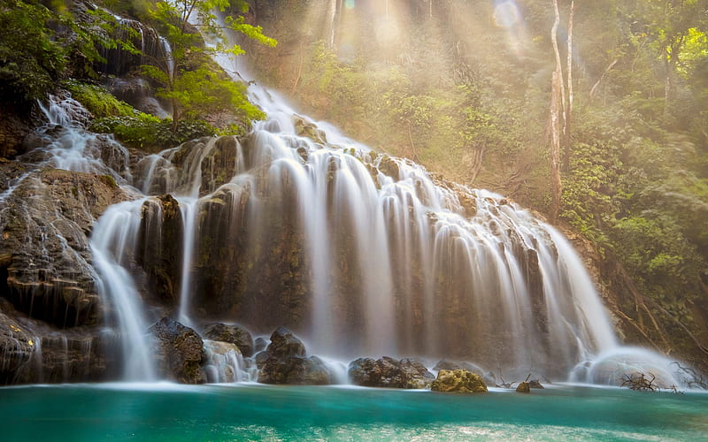 Lapopu Waterfall, evening, sunset, waterfall, jungle, lake, Manurara, South Katikutana, Indonesia, HD wallpaper