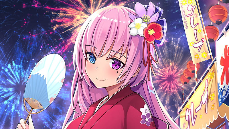 Pink Hair Blue Purple Eyes Firecrackers Sky Background Anime Girl, HD wallpaper