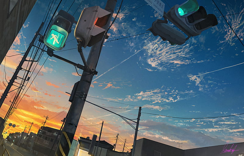 anime landscape, traffic lights, scenery, clouds, buildings, urban, Anime, HD wallpaper