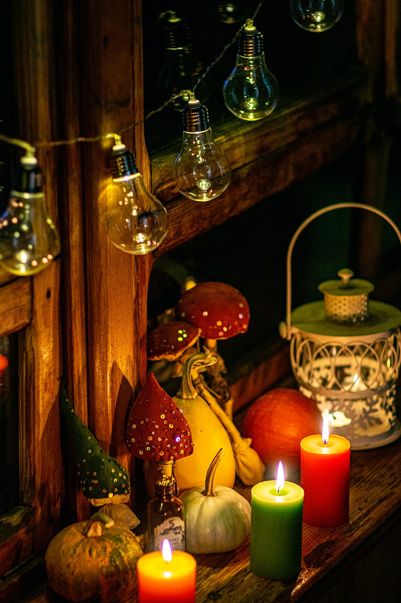 candle, garland, lamp, glow, autumn, HD phone wallpaper