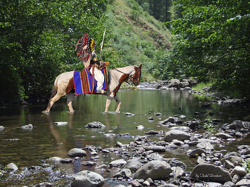 Indian Crossing, stream, horseback, indian, mountains, HD wallpaper