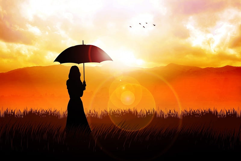 Under my Umbrella, sun, grass, umbrella, birds, sky, silhouette, clouds, women, mountains, beauty, HD wallpaper