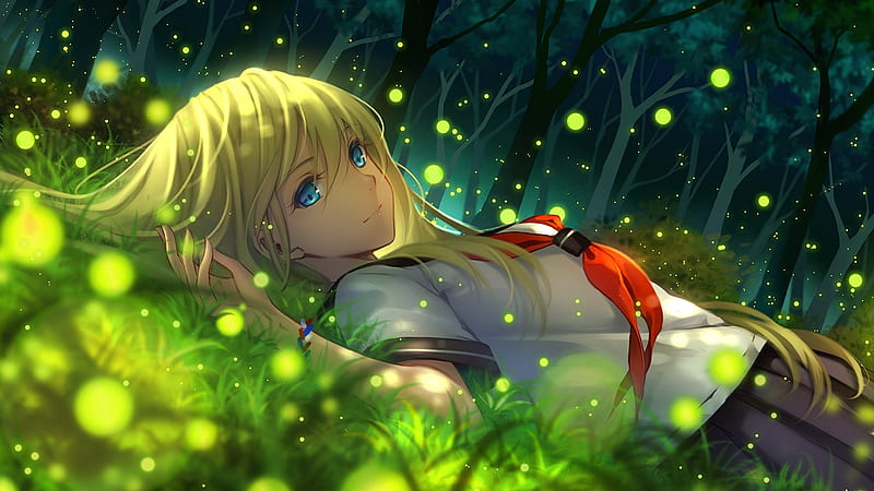 anime girl, fireflies, school uniform, lying down, scenic, forest, light, Anime, HD wallpaper