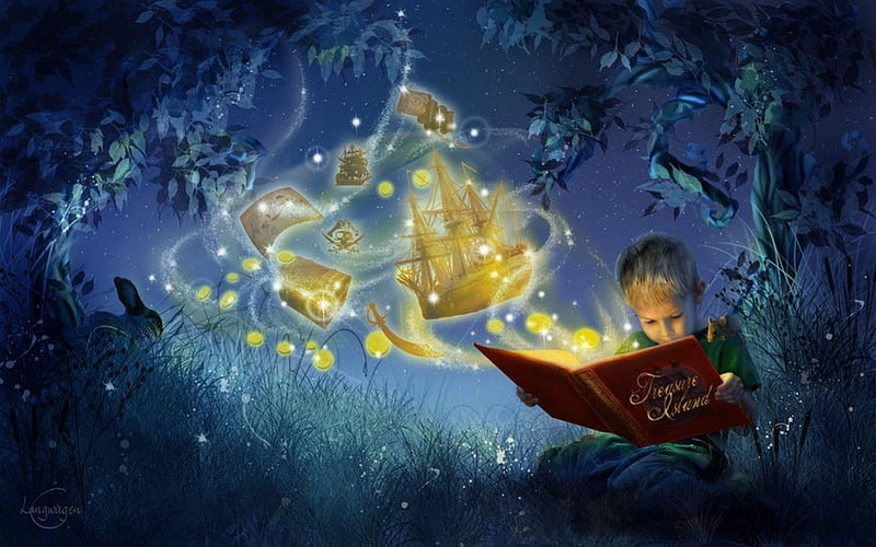 TREASURE ISLAND, kid, dream, reading, HD wallpaper