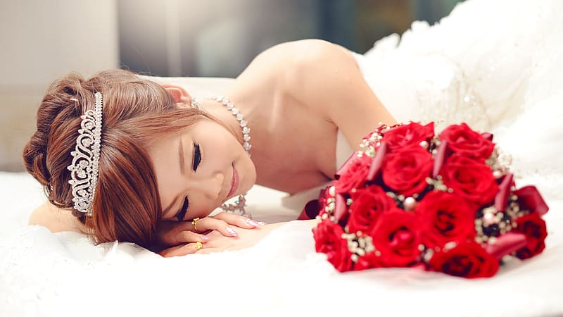 Bride, girl, rose, bouquet, asian, tiara, jewel, white, model, woman, red, HD wallpaper
