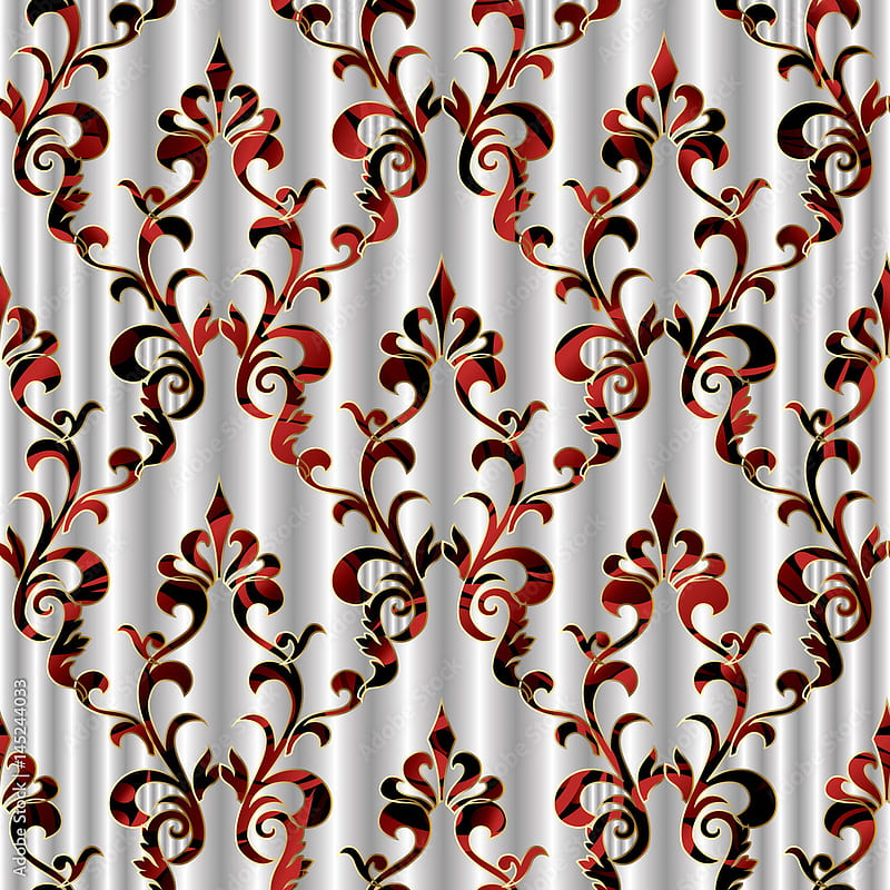 Damask seamless pattern. Floral silver background with vintage red 3D flowers, swirl scroll leaves and antique ornaments in Baroque style. Vector texture for fabric, prints, textile. Stock Vector, HD phone wallpaper