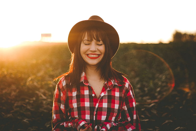 golden hour graphy of woman in red and white checkered dress shirt, HD wallpaper