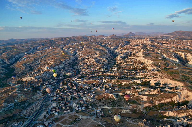 aerial graphy of village with hot air balloon flying on sky, HD wallpaper