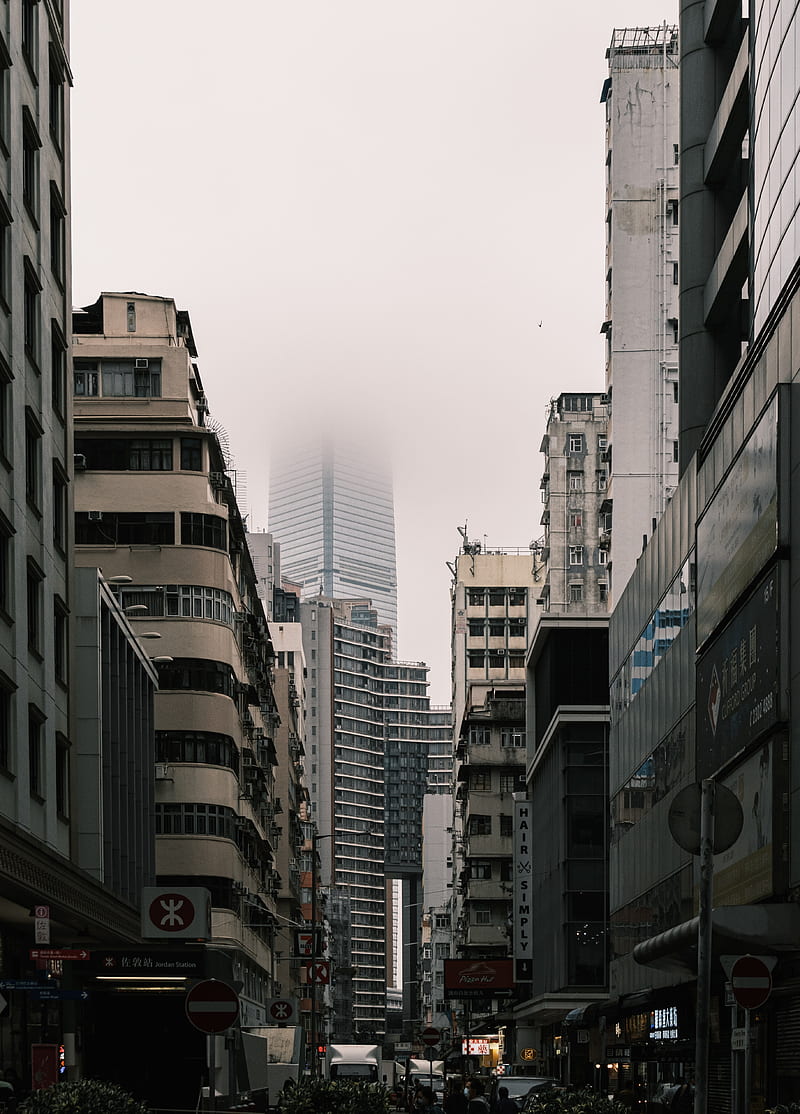 city, buildings, skyscraper, fog, HD phone wallpaper