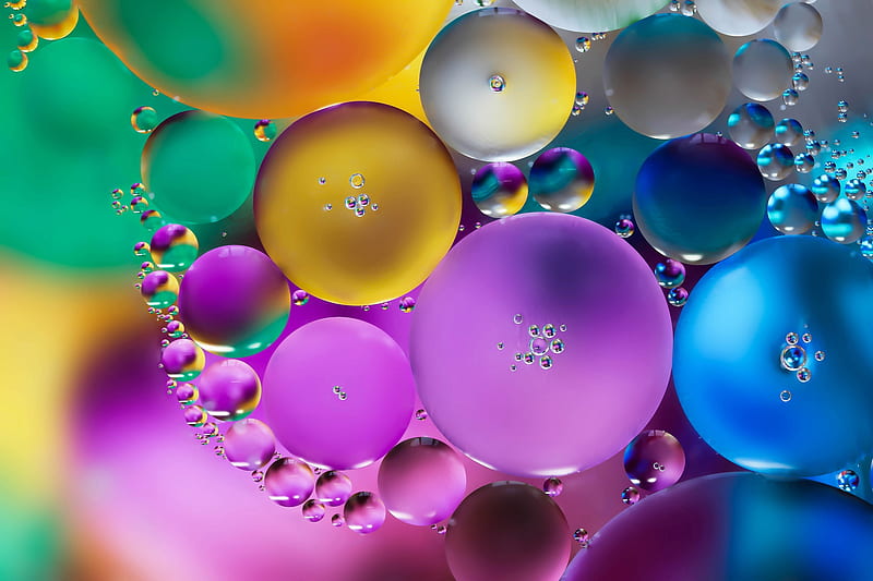 Oil drops in water, colorful, oil, yellow, drops, glass, water, green, texture, pink, blue, HD wallpaper