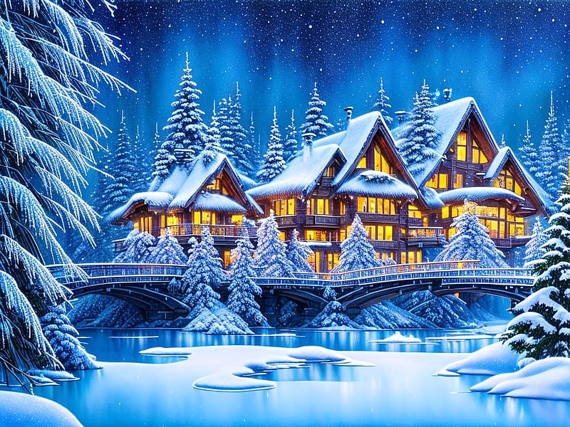 Snow-covered house in the forest, tel, havas fak, evad, haz, folyo, fenyok, havas haz, fagyott, termeszet, hideg, hidak, erdo, havas, ho, HD wallpaper