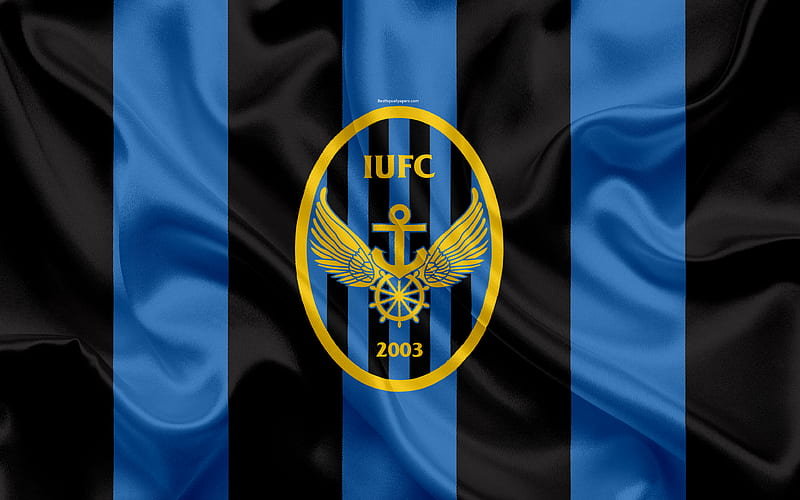 Incheon United FC, silk flag logo, emblem, blue black silk texture, South Korean football club, K League 1, football, Incheon, South Korea, HD wallpaper