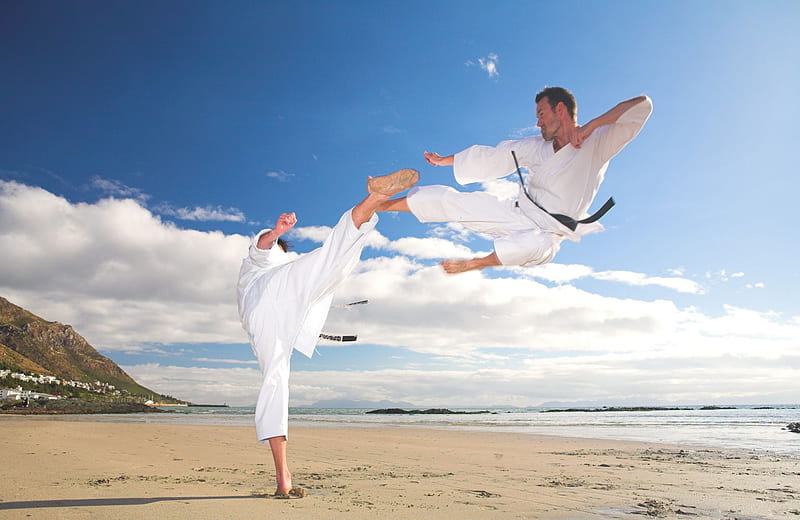 Karate !!!, cloud, , defense, wds, sky, sand, people, white, blue, karate, HD wallpaper