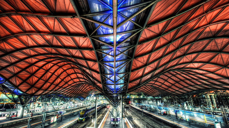 beautiful modern train station r, modern, roof, escalators, trains, station, r, HD wallpaper