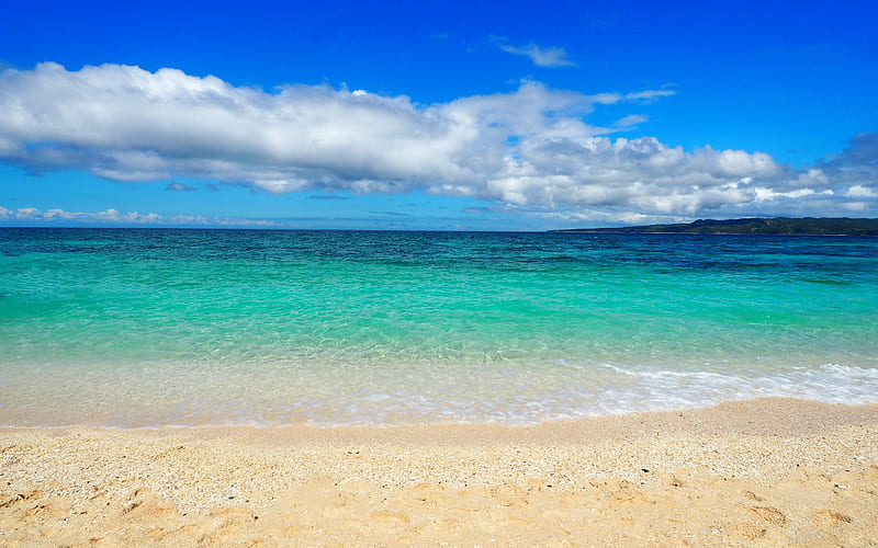 ocean, blue lagoon, beach, sand, white clouds, blue sky, seascape, summer travel, HD wallpaper