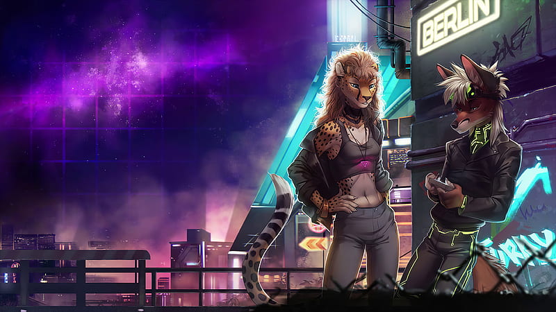 Fox And Leopard In Scifi Cyberpunk World , cyberpunk, scifi, artist, artwork, digital-art, HD wallpaper