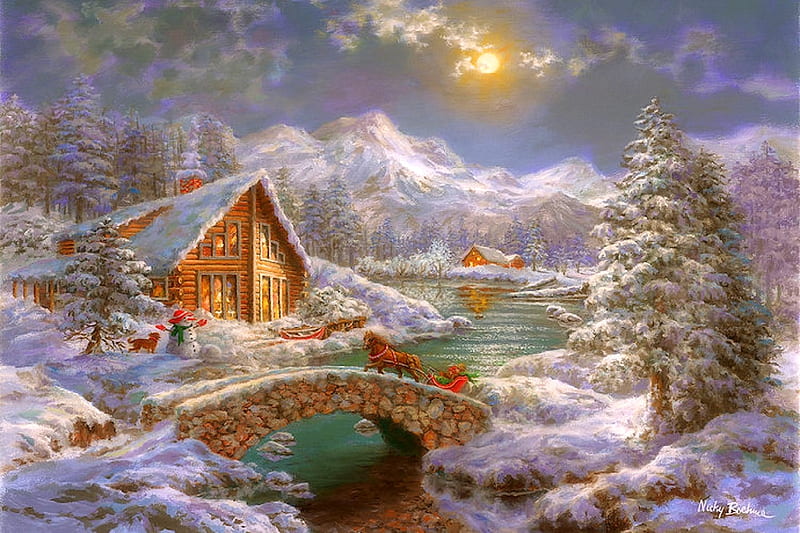Nature's Magical Season, villages, Christmas, cottages, holidays, Christmas Tree, attractions in dreams, xmas and new year, cardinals, paintings, carriages, rivers, moons, bridges, love four seasons, snowman, winter, snow, winter holidays, nature, HD wallpaper