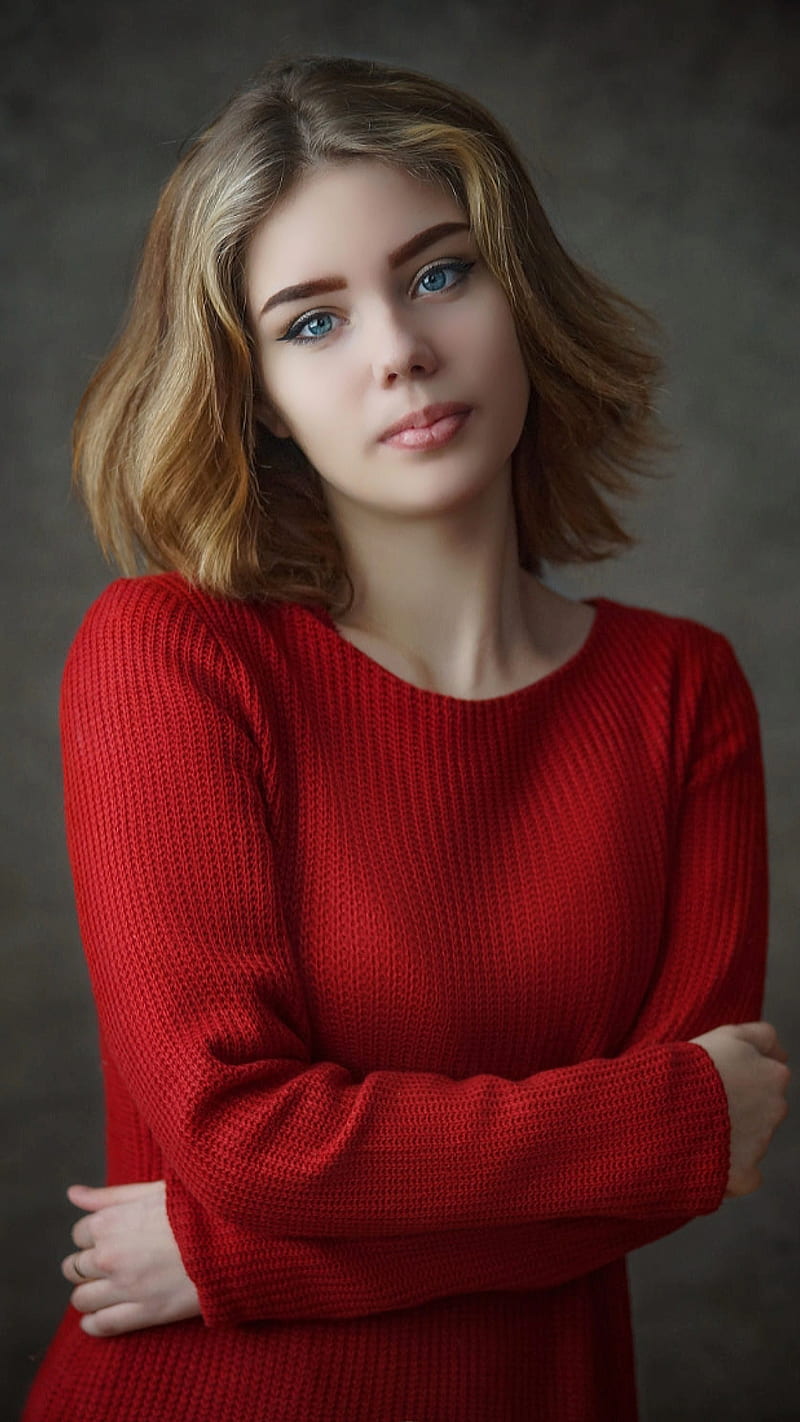 Beautiful portrait, blonde, blue eyes, charming, cute, girl, gorgeous, pretty, red, HD phone wallpaper