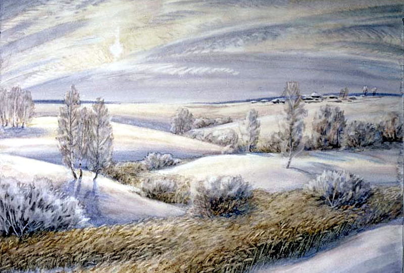 Glistening Fields, hills, snow, fields, trees, clouds, winter, HD wallpaper