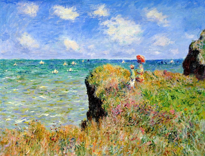 Landscape, art, cloud, Claude Monet, wind, umbrella, sky, mother, sea, water, green, painting, summer, child, pictura, blue, HD wallpaper