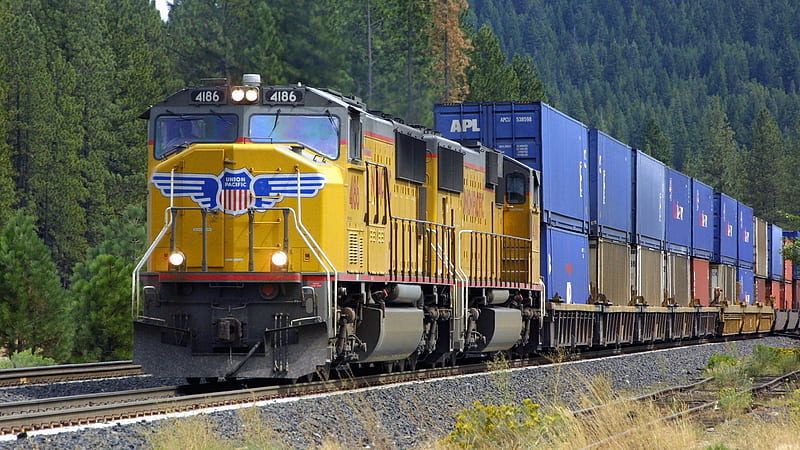 Union Pacific Freight Train, train, transport, pacific, technology, union, delivery, yellow, freight, blue, HD wallpaper