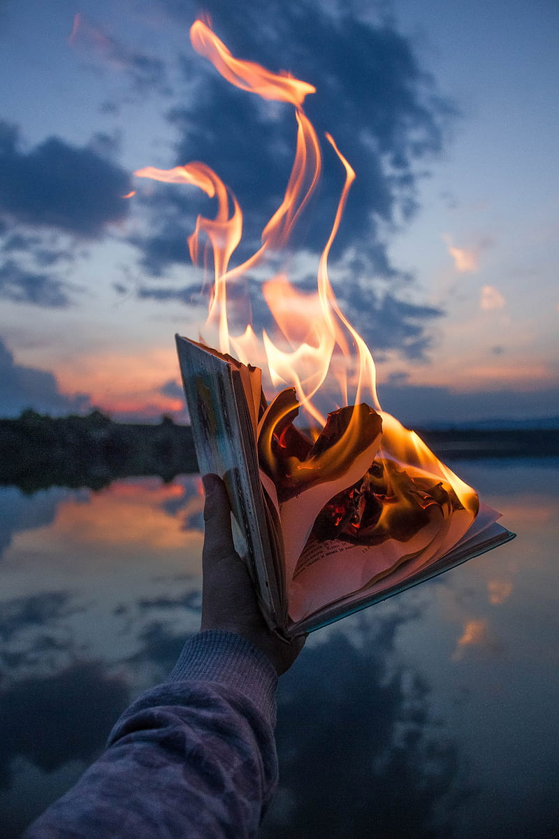book, fire, hand, flame, dusk, HD phone wallpaper