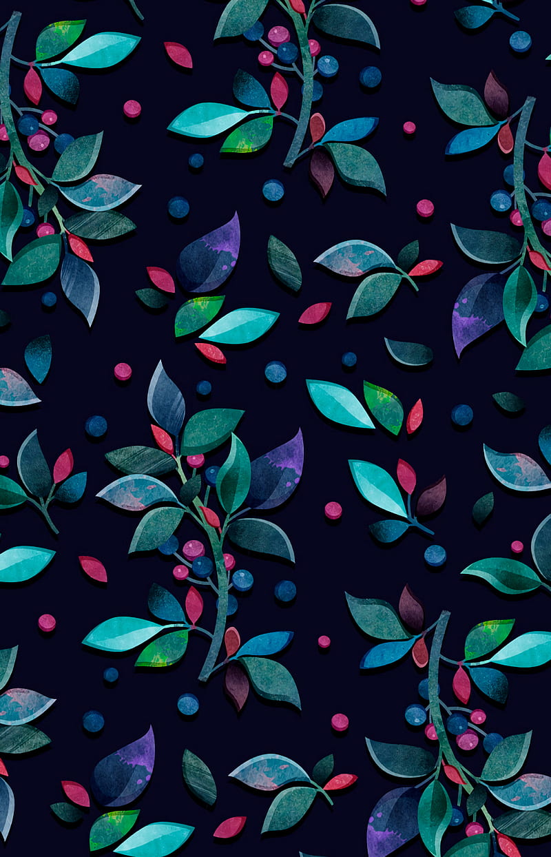 pattern, branches, leaves, berries, colorful, HD phone wallpaper
