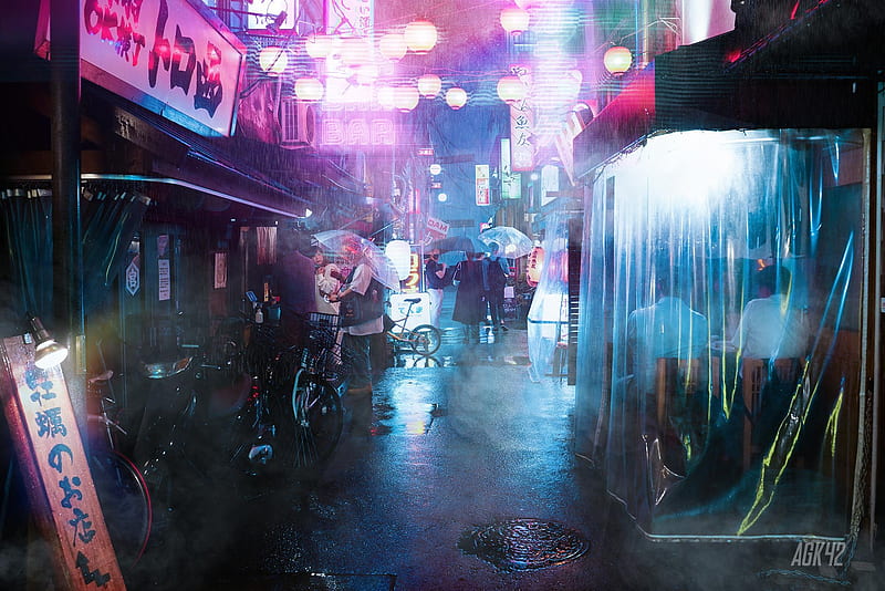 neon city, japan, lanterns, vendors, crowd, night, City, HD wallpaper