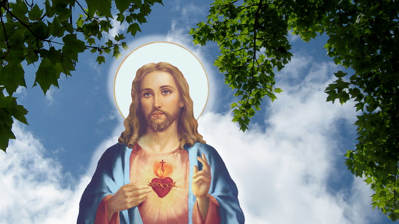 Jesus With White Circle On Back Of Head In Background Of Green Trees And Blue Cloudy Sky Jesus, HD wallpaper
