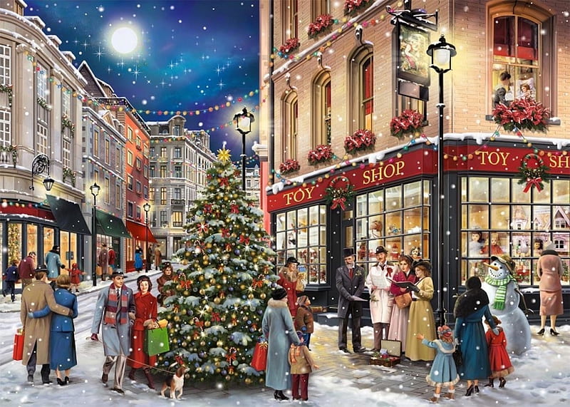 Carol Singers, Christmas, moon, tree, singers, snow, shopping, snowman, winter, HD wallpaper