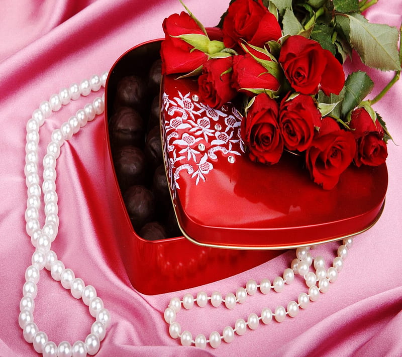 Love, chocolate, flowers, heart, pearl, pink, roses, valentine, HD wallpaper