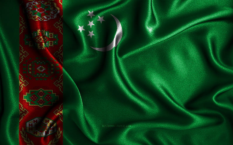 Turkmen flag silk wavy flags, Asian countries, national symbols, Flag of Turkmenistan, fabric flags, Turkmenistan flag, 3D art, Turkmenistan, Asia, Turkmenistan 3D flag, HD wallpaper