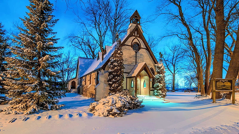 The Island Church, chapel, trees, snow, winter, sky, HD wallpaper