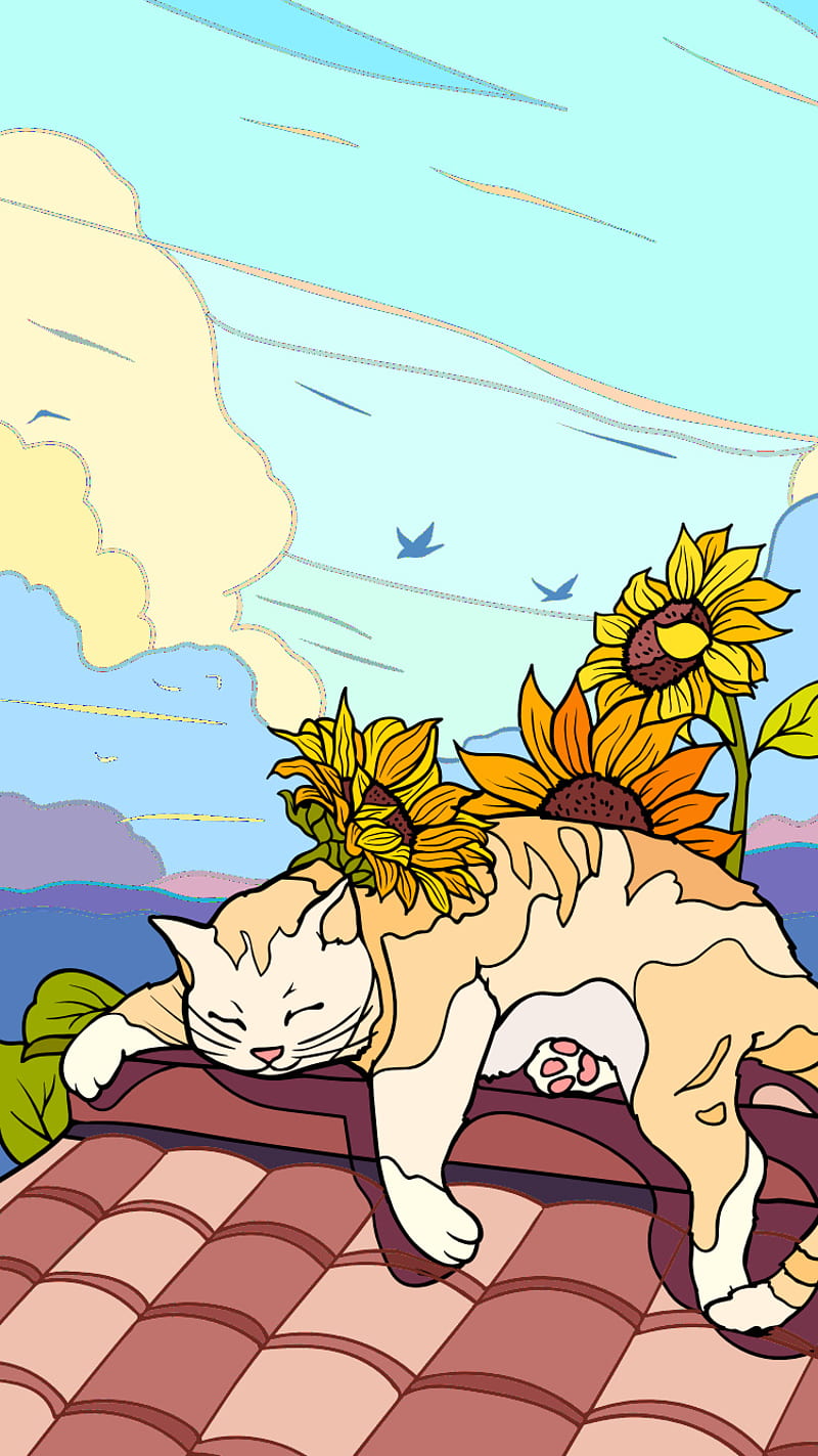 Lazy Cat, cartoon, clouds, colouring, drawing, ginger cat, sunflower,  sunny, HD phone wallpaper | Peakpx
