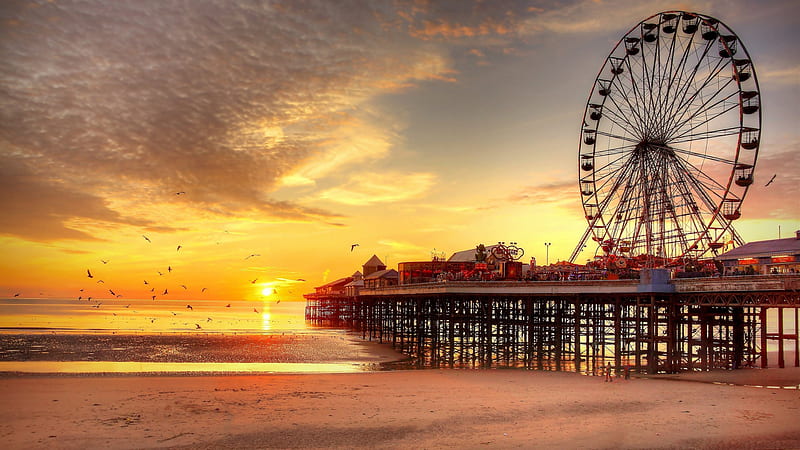 The Pier of Blackpool, England, beach, sun, water, Ferris Wheel, sunset, sky, irish Sea, HD wallpaper
