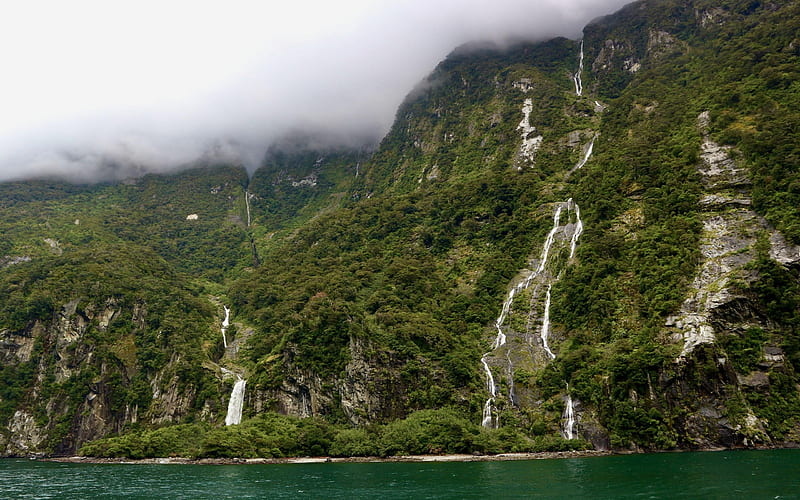 Waterfalls of Milford Sound, New Zealand, clouds, sky, rocks, mountains, trees, HD wallpaper
