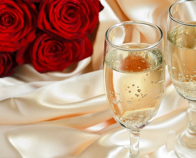 *** Champagne and roses ***, glass, red, champagne, roses, HD wallpaper