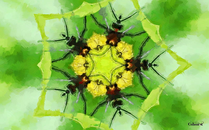 Spider flower, art, yellow, by cehenot, abstract, spider, green, texture, painting, flower, pictura, HD wallpaper