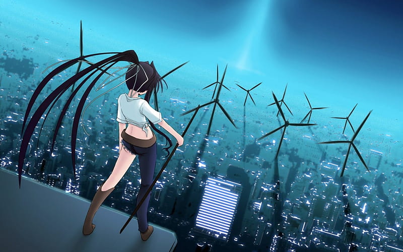 NightScape, Anime, Sword, Black Hair, Kaori, To Aru Majutsu no Index, CityScape, Kanzaki, Kaori Kanzaki, Anime Girl, Windmills, HD wallpaper