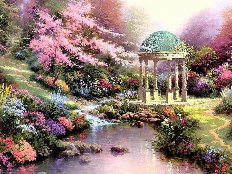 Pool of Serenity, rocks, art, colourful, grass, dome, trees, flora, lillies, water, painting, flowers, gazebo, HD wallpaper