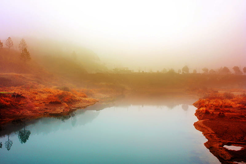 Cold and silent morning, red, silent, lakes, background, fogg, bonito, cold, nature, misty, morning, reflection, landscape, blue, HD wallpaper