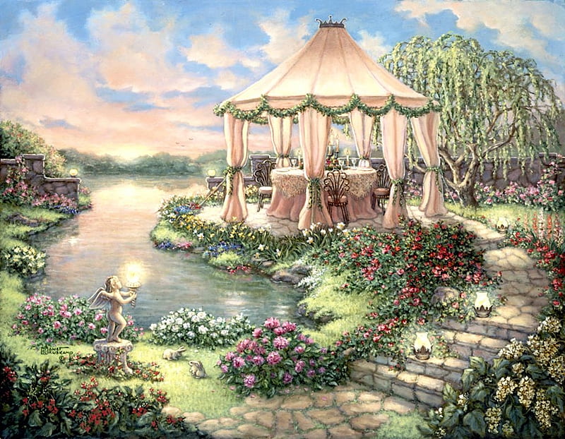Garden Party, water, painting, tent, flowers, stairs, gazebo, artwork, HD wallpaper