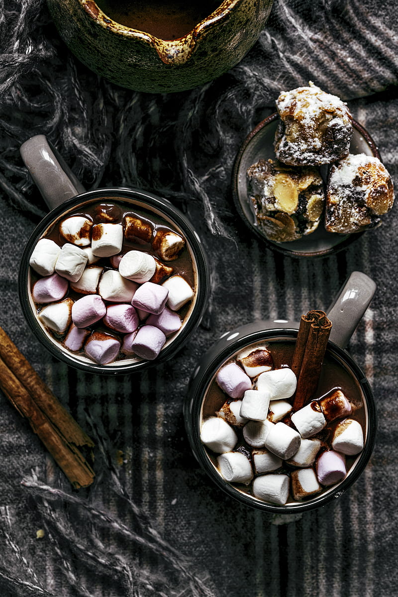 mugs, hot chocolate, marshmallow, cinnamon, drink, HD phone wallpaper