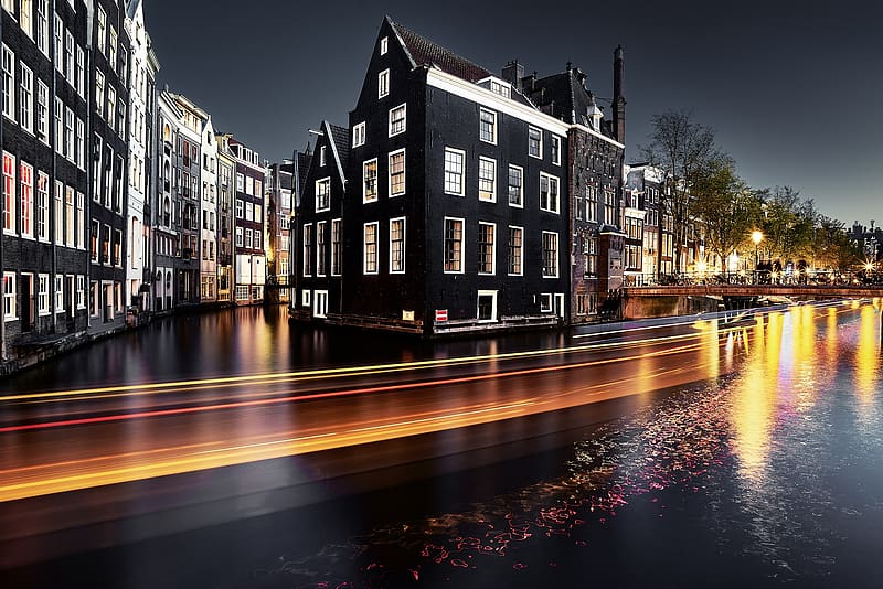Cities, Night, City, Building, House, Netherlands, Amsterdam, , Time Lapse, Canal, HD wallpaper