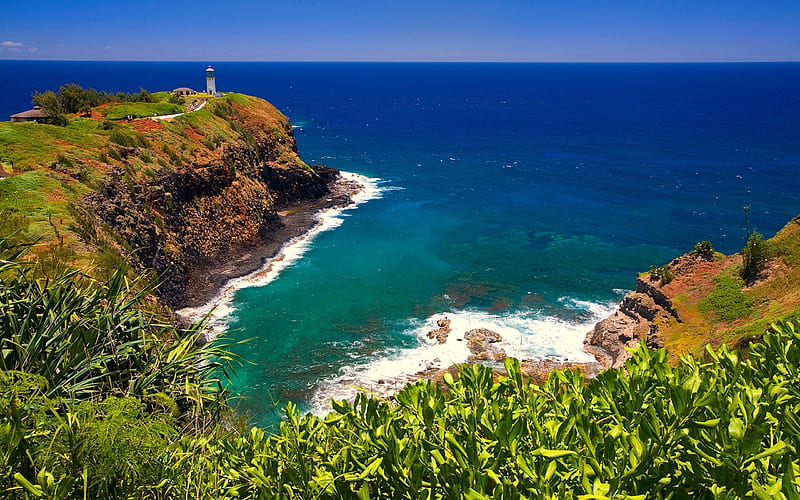 pacific ocean, lighthouse, coast, rocks, wave, hawaii, HD wallpaper