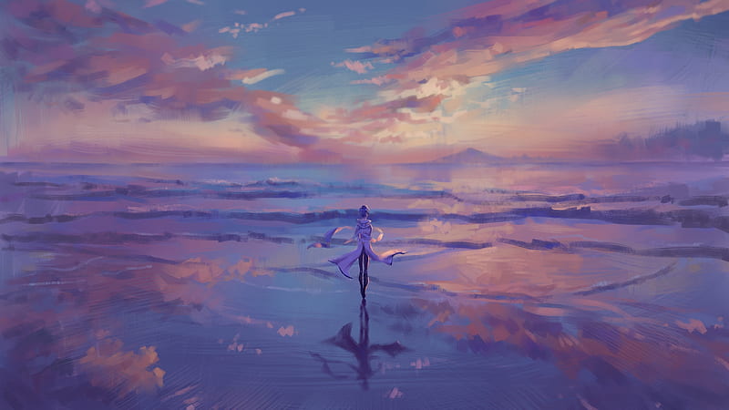 kaito, vocaloid, anime landscape, reflection, water, clouds, back view, Anime, HD wallpaper