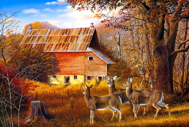 Evening rendezvous, art, fall, autumn, rendezvous, cottage, bonito, evening, deers, HD wallpaper